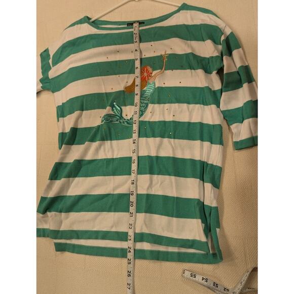 Pretty teal & white striped lightweight sweater w/mermaid embroidery, bua/bua S - Picture 7 of 8